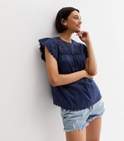 New Look Navy Broderie Frill Blouse
